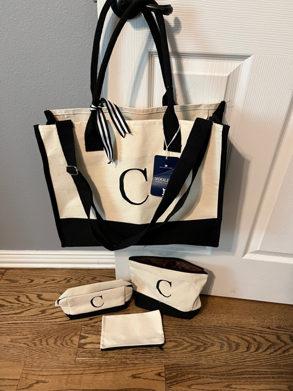 Canvas Tote Set with Black Trim and Monogram C